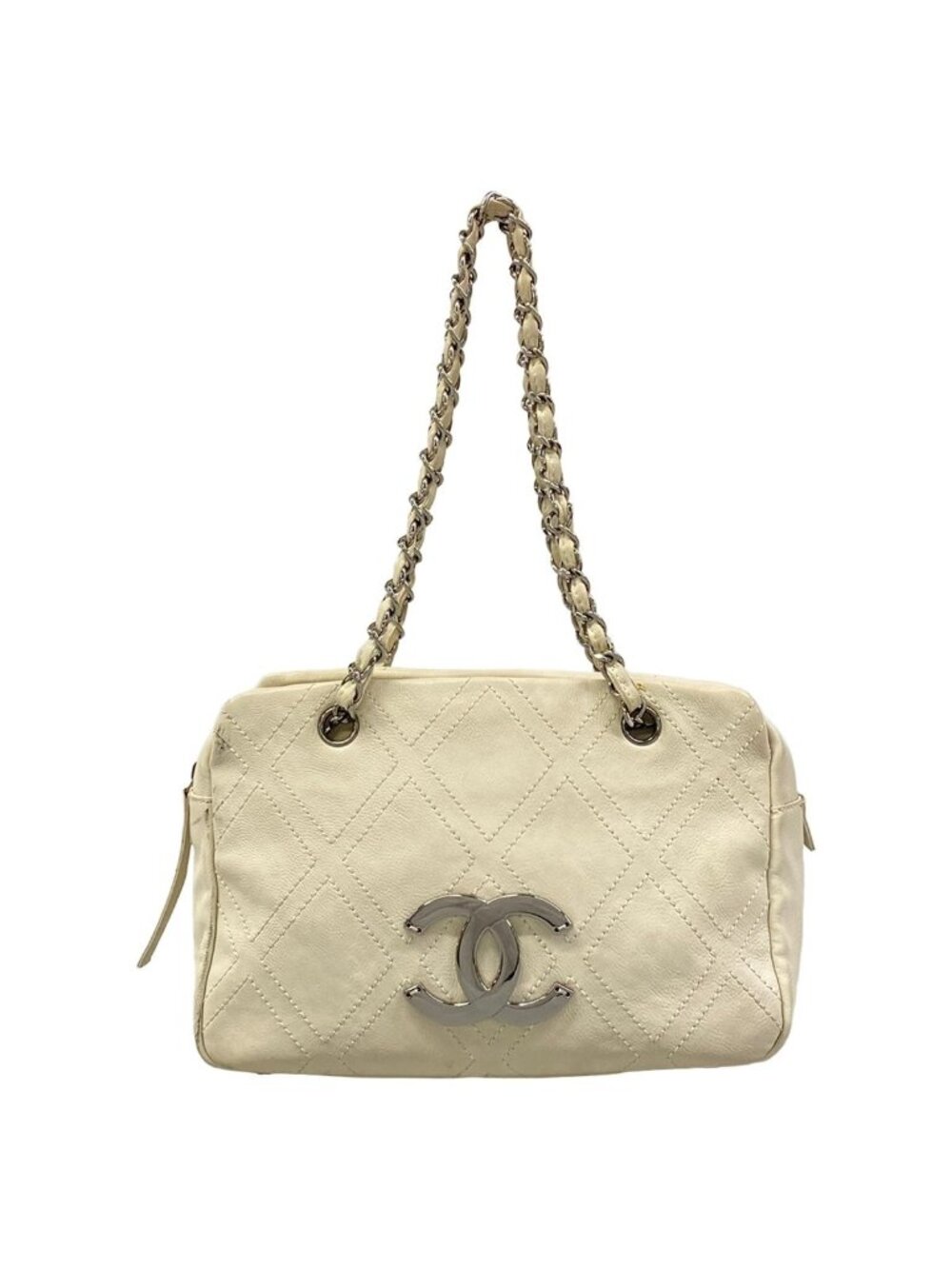 Chanel Shoulder Bag Diamond Stitch Ivory Chain CC Logo Silver Jumbo Leather